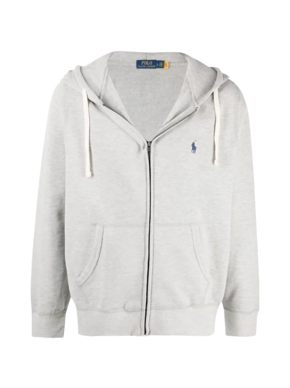 Gray hoodie with a brand logo on a white background