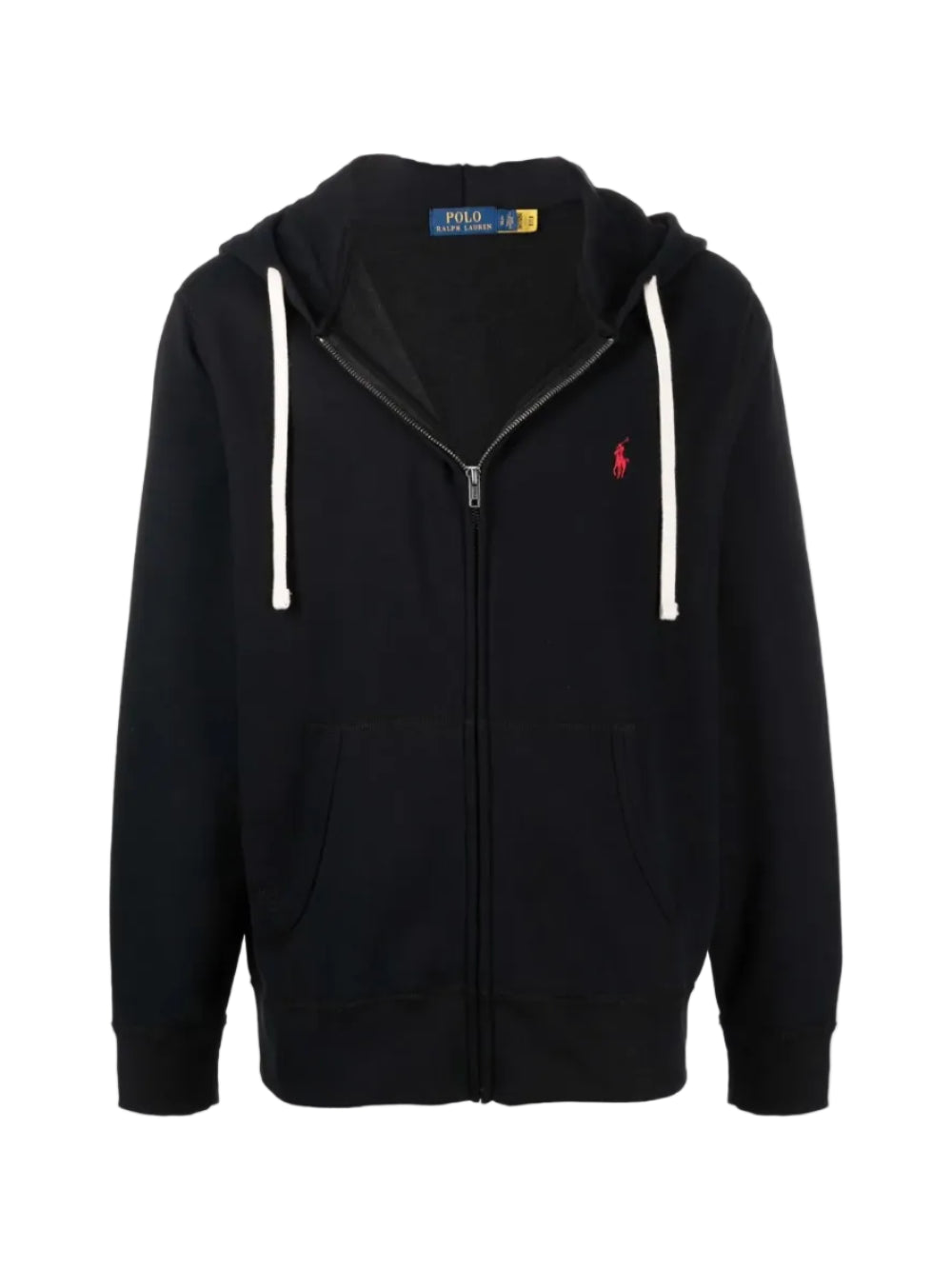Black hoodie with a red logo on a white background